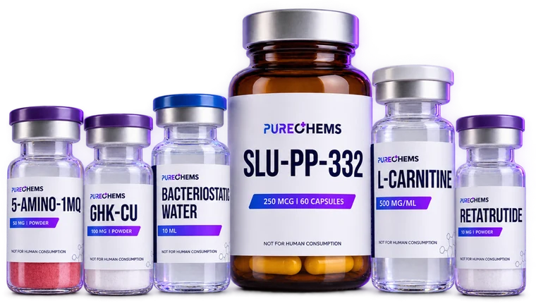 PureChems SLU-PP-332 capsules, bacteriostatic water, L-carnitine, GHK-Cu, 5-Amino-1MQ and Retatrutide vials